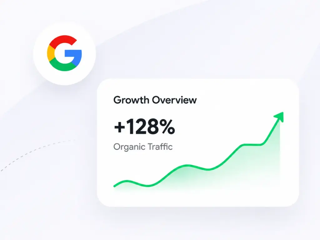 Google organic traffic growth dashboard showing a 128% increase in organic traffic achieved through SEO optimization and search engine marketing strategies.