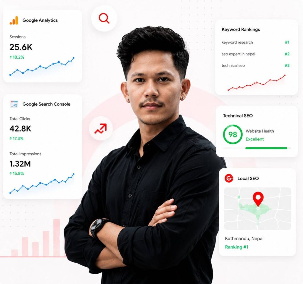 Portrait of Kedar Shrestha, SEO Expert in Nepal, specializing in technical SEO, keyword research, local SEO, and organic growth strategies.