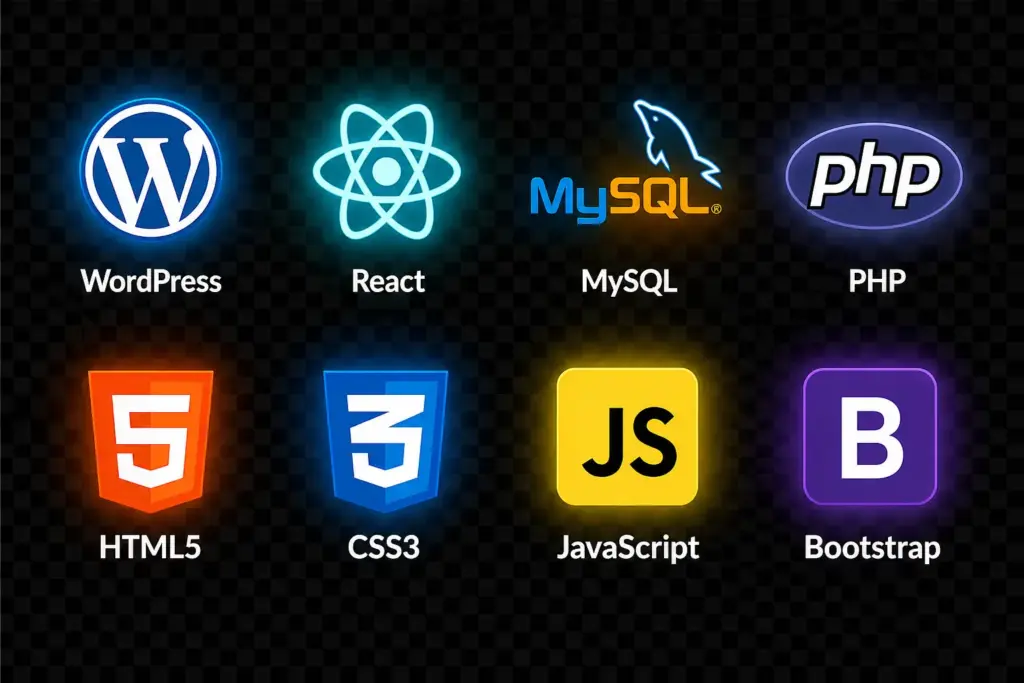 Web development technologies used by Kedar Shrestha, including WordPress, React, MySQL, PHP, HTML5, CSS3, JavaScript, and Bootstrap.