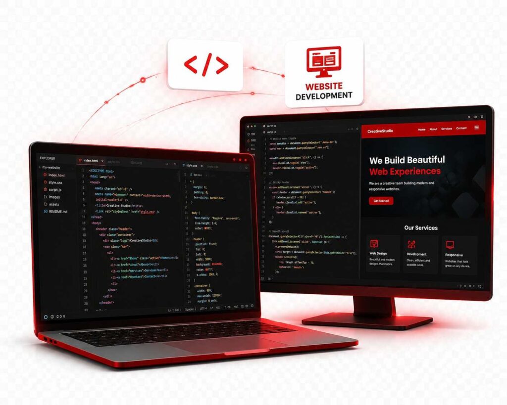 Website development setup and custom coding solutions by Kedar Shrestha, showing responsive web design on a laptop and monitor.