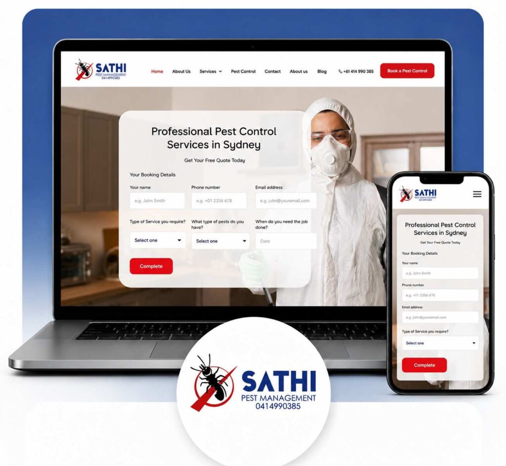 Responsive web design and mobile UI layout for Sathi Pest Management website portfolio project, created by Digital Techno Wiz.