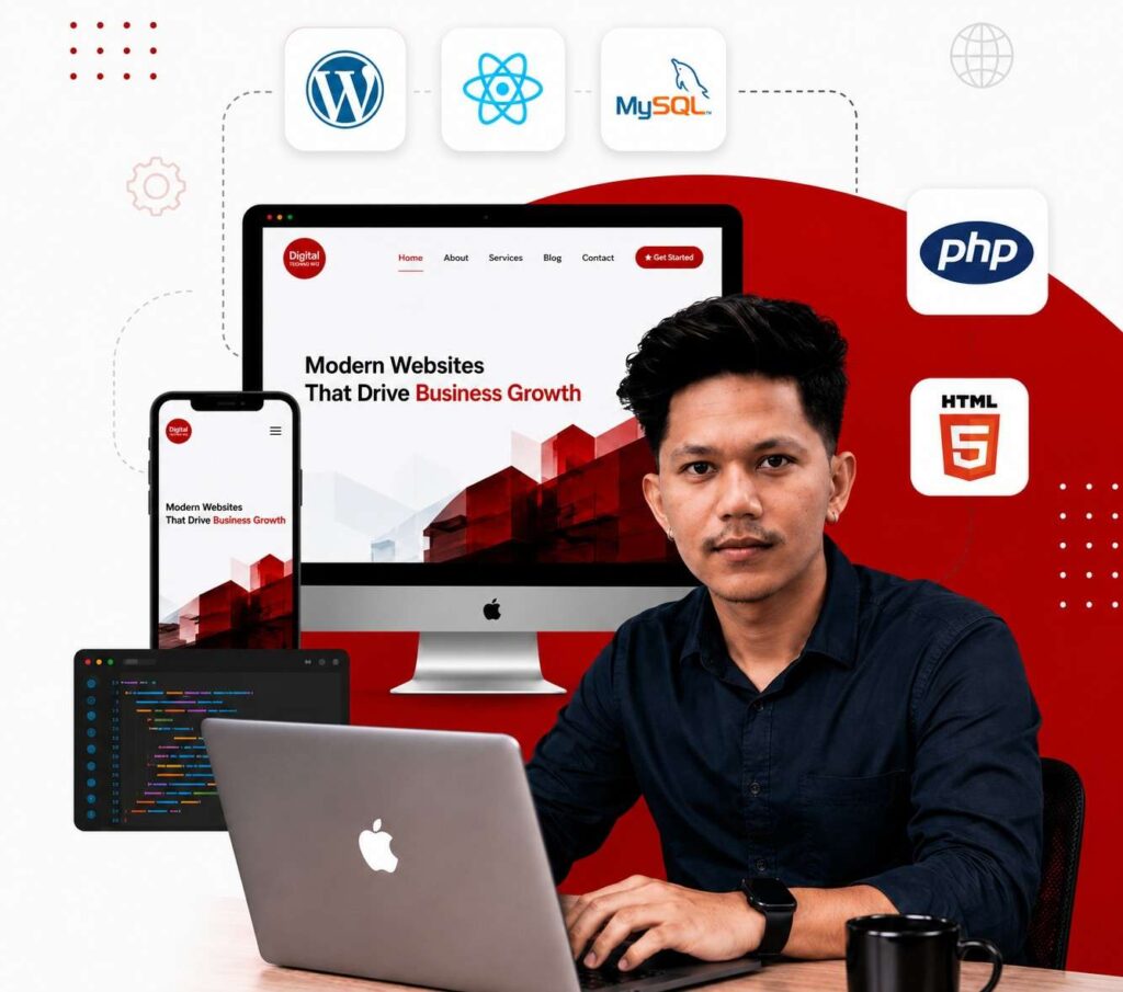 Kedar Shrestha, a web developer in Nepal, working on a laptop with modern website mockups and tech stack icons like WordPress, React, and PHP.