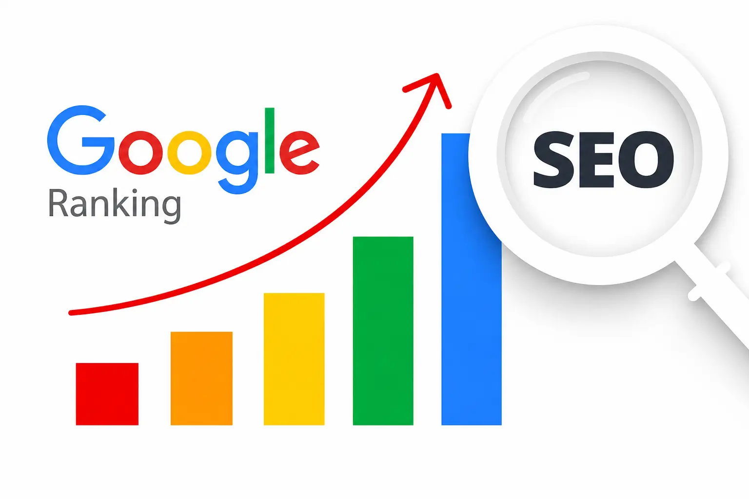 SEO optimization illustration showing Google ranking growth, rising search positions, and SEO performance